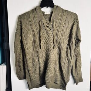 The Nines Womens Medium Cable Knit Lace-Up Sweater Olive Acrylic Pullover Hooded